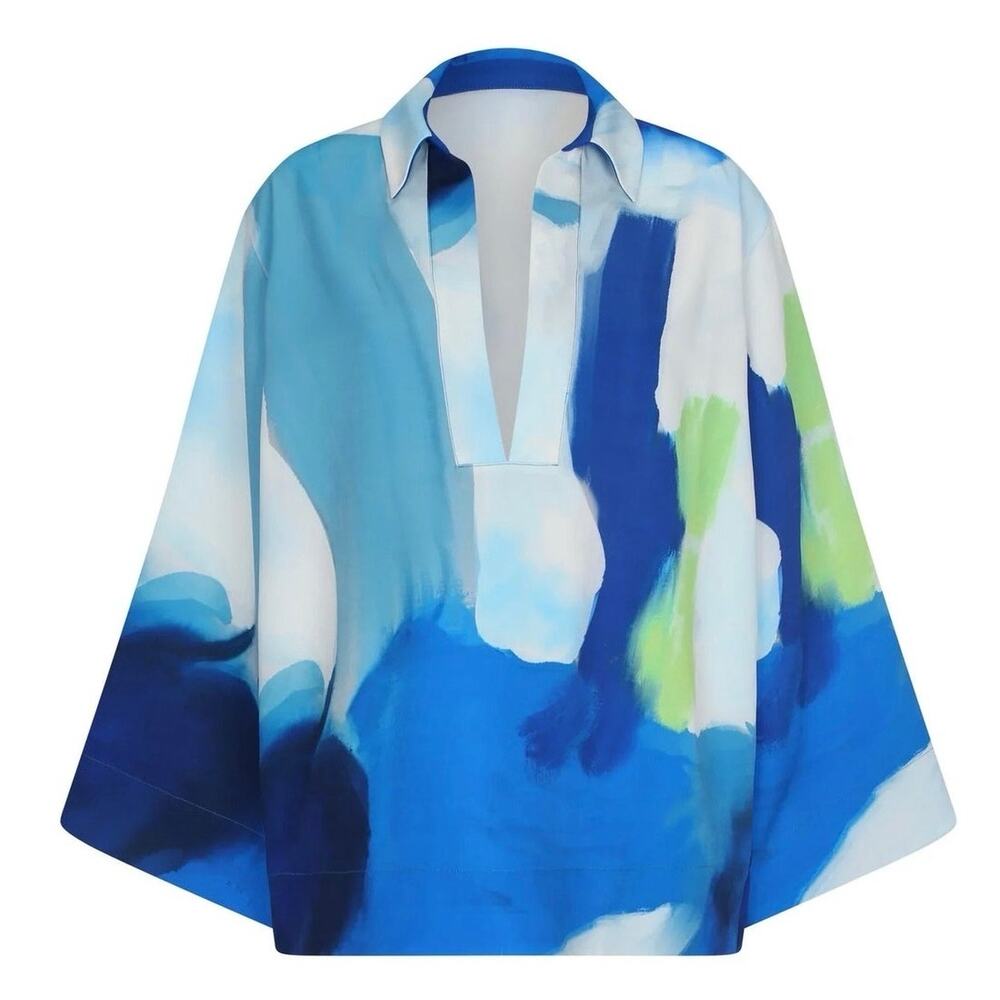 Nelblu Corola Watercolor Print Blouse Fontana Blue Green Size Medium NWT